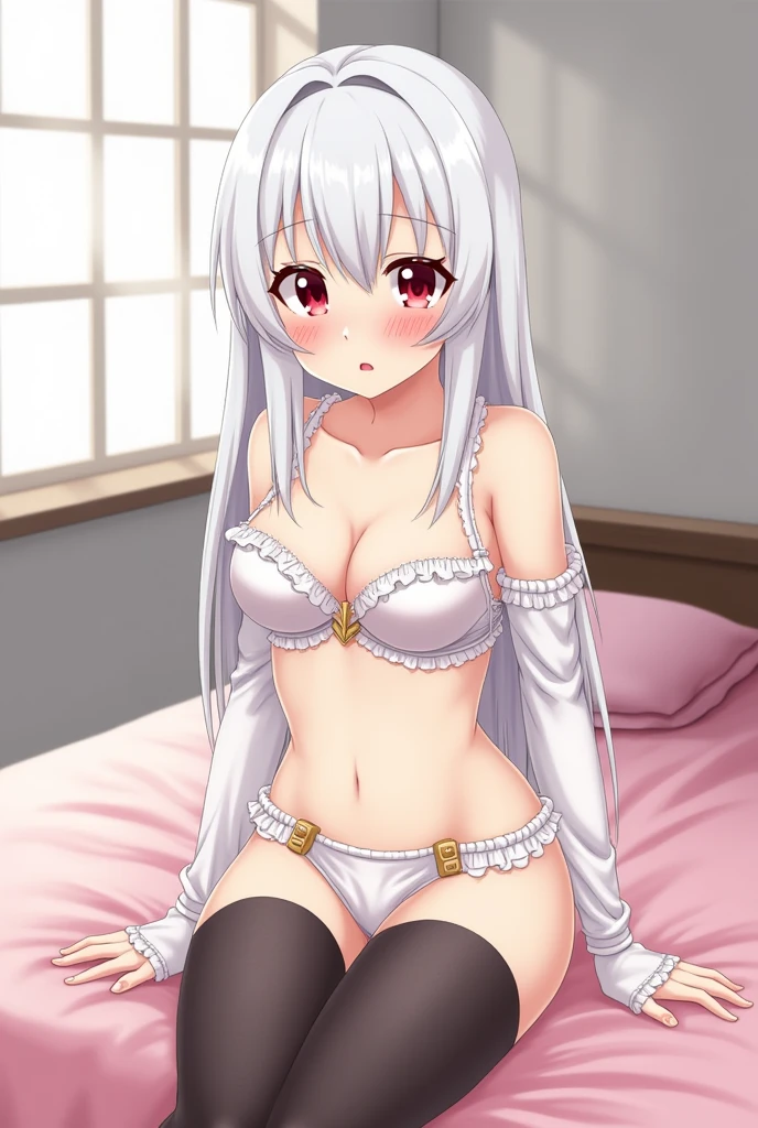 an anime girl, white skin with straight white hair down to the waist, with red eyes, small chest, in lingerie, The bra is made up of a white color with gold trim including the bra straps and detailed design on the white part , the panties made of a light pink color, with cuffs on the top and details on the pink part, black thigh high stockings , embarrassed and blushing, sitting on her bed with pink sheets ,the grey back wall and a window .