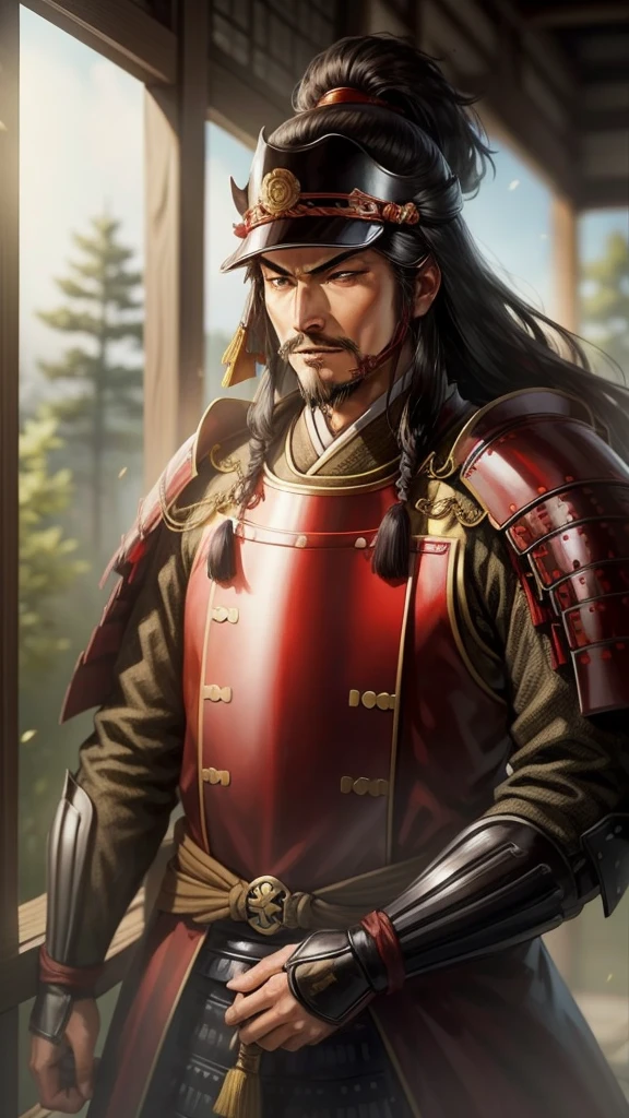「Battlefields of the Warring States Period、wood々Oda Nobunaga urinating between。Nobunaga is wearing light armor。背景は草woodに囲まれた自然の風景。」