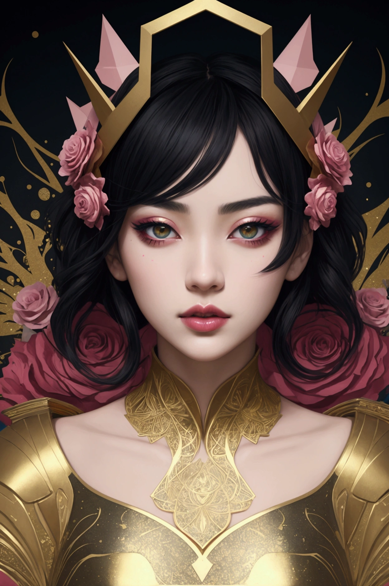 masterpiece, best quality, dynamic, cinematic, mystical, beautuful japanese girl, beautiful detailed eyes, beautiful detailed lips, extremely detailed eyes and face, long eyelashes, teacherly pose, advanced modern expressionism, rich textures, amalgamation of modern and classical influences, diverse materials, high contrast, pink rose, vivid colors, gold liquid splatter, emerald green background, breathtaking color palette, flowing elegance, sharp geometric symbolism, Leyendecker, Jackson Pollock splatter dynamics, Gustav Klimt ornamental gold, chiaroscuro, kaleidoscopic, multidimensional, ethereal glow, captivating uniqueness, surreal juxtapositions, visual symphony, unforgettable visual narrative, edgy, mathematical, simple-shaped vectors, highly modern, stylistic, polygonal abstraction, vector art, bold lines, minimalist color scheme, digital art, abstract geometry