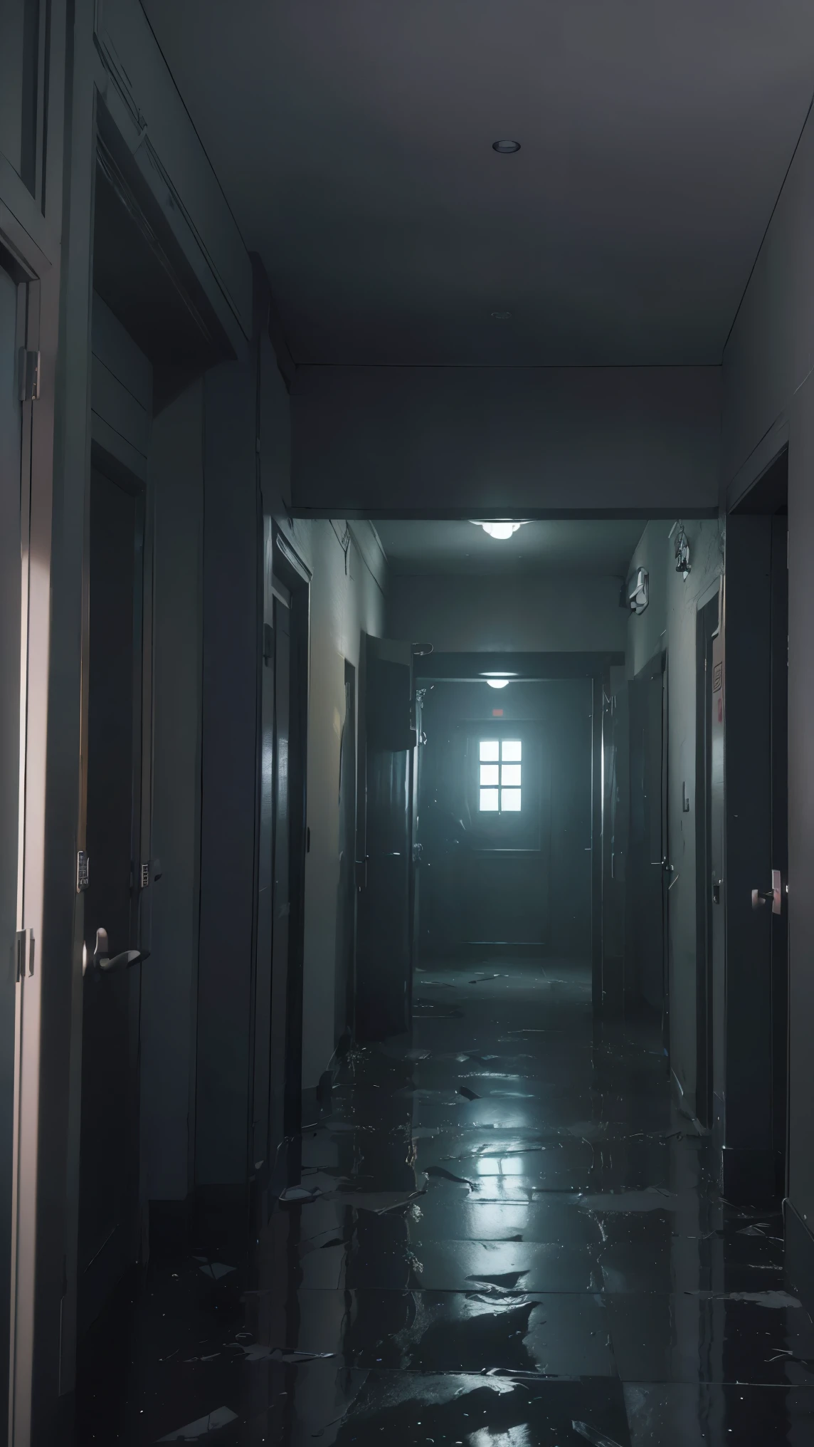 (highest quality)、((masterpiece)、(detailed:1.4)、3D、HDR(high dynamic range)、ray tracing、NVIDIA RTX、super resolution、Unreal 5、Spooky places、Night Hospital、Emergency light、overall dark atmosphere、Messy floor、dead end of a narrow passage、