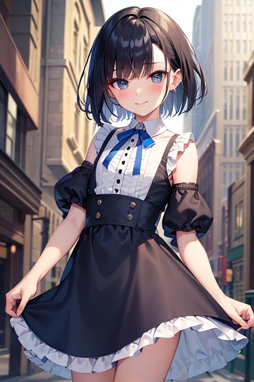 Highest quality, Androgynous male,Cute face,Flat Chest,Short Bob Cut,tutu skirt,Lace blouse,White blouse,Blouse with collar,Ribbon on neck,sleeve,blue skirt,Black Hair,Smiling shyly, Blushing, Character portrait, Shooting in the city