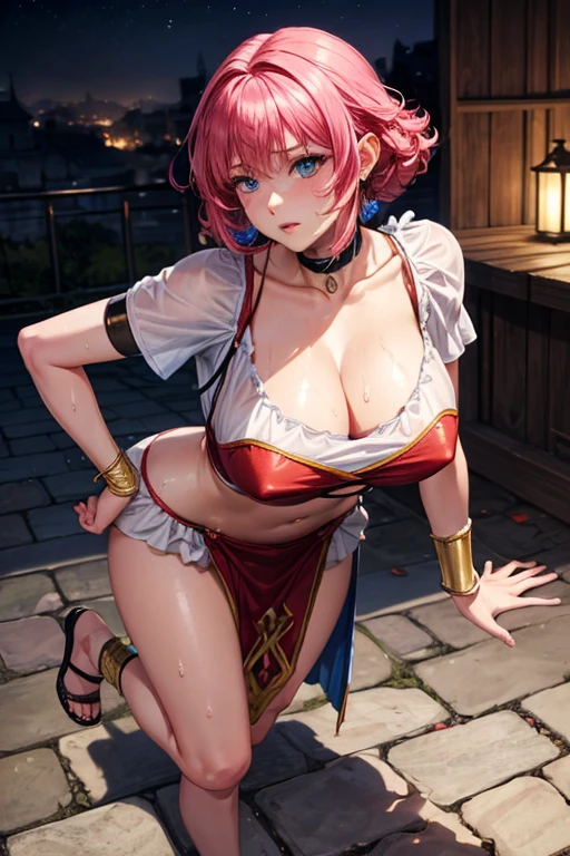 masterpiece, Highest quality, (Unreal Engine), Super Resolution, Very detailed, Complex, colorful, Clear images, Sharp focus, Digital Blending,
One woman, Cala, calarsr, pauldrons, choker, crop top, cleavage, bracelet, armlet, pelvic curtain, anklet, sandals, shoulder armor, Big Breasts, Puffy nipples, Butt, Lips parted, Perfect Eyes, Perfect Face, Ultra detailed hair, Ultra detailed face, Very detailed lips, Vivid expression, Healthy Body, Beautifully detailed sweat glands, Smooth skin texture, Carefully drawn,
((humidity:1.2), Sticky with sweat), Bold sexy pose,
In the world of Viper RSR, In the slums of the castle town, night, (Shot on Sony α9, Dynamic Angle),