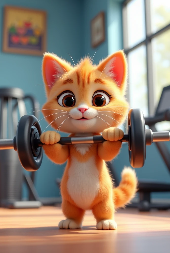 Cute 3d animated cat doing gym and weights lifting