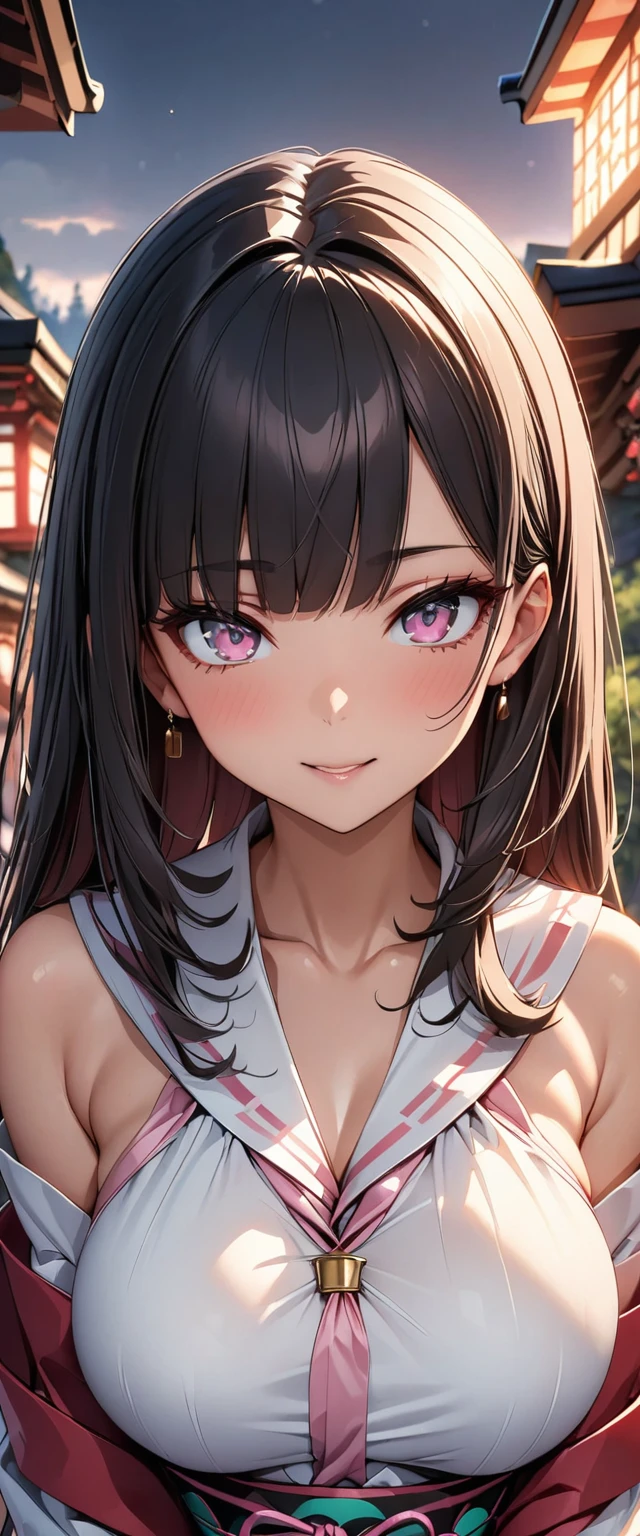 (Perfect ???????)、Mastepiece、Ultra High Quality、 8k、masterpiece、Highest quality、Ultra-high resolution、Maximum resolution、Very detailed、Professional Lighting、anime、Adult female、thin、so beautiful、Highly detailed eye、Highly detailed face、Black Hair,、Pink eyes, , Braiding、Straight bangs、Miko costume、Shrine maiden costume、Shrine maiden costume、
