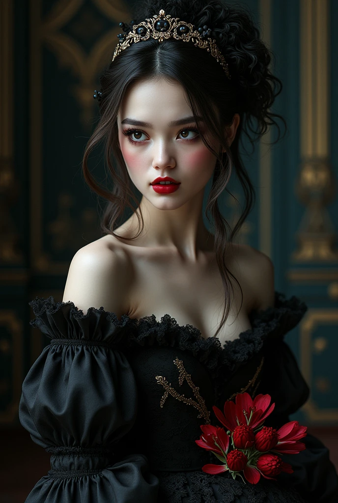 Close up of beautiful woman in mask, Dreamy gothic girl, elegant render, Full length photo, mistress, Photoshop rendering, Ebony rococo, Elegant girl, Spy woman, Charming beautiful young woman, Very beautiful woman with dark red sexy lips, Extravagant dress, Beauty girl