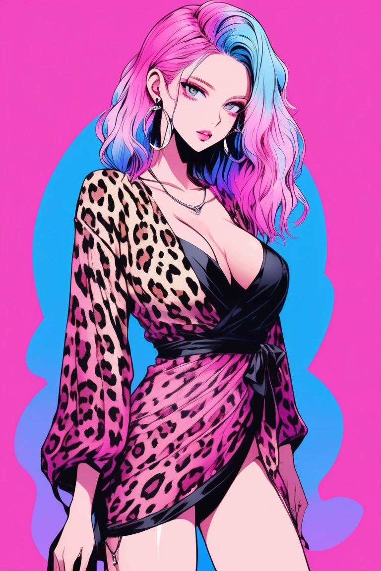 Illustrator, anime , Realistic ,sketch , 1 person, model, Age 25, lip, Sexy and sheer leopard print wrap mini dress, order, Blue and pink gradient background, Neon Hair, Big Breasts, Her cleavage is visible, Black panties are visible, look back, whole body, Sexy look, Texture Trim, Russia, (masterpiece,Highest quality)