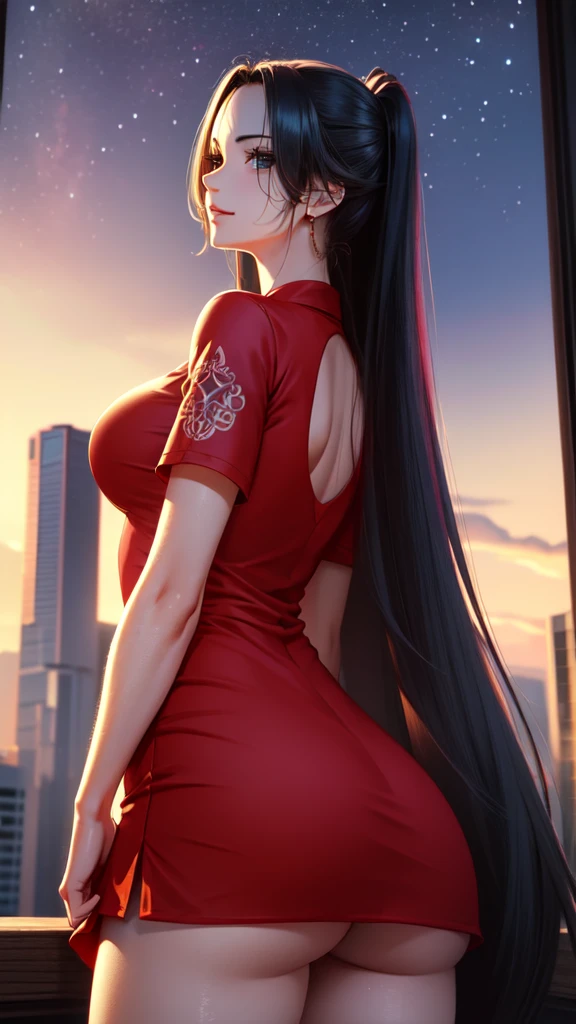 good Hancock, standing, long hair flying in the wind, (bright black eyes: 1.3), tattoo of the number 69 drawn on her belly, long black hair, smile, sexual appearance big, large breasts and perky ass, BREAK completely beautiful, short red dress, BREAK stage, perfect faces, perfect hands, perfect skin, perfect clothing fabric, night theater, acting, shooting stars, BREAK meteors looking at the viewer, (cowboy photo: 1.5), BREAK (masterpiece: 1.2 ), best quality, high resolution, 8k unity wallpaper, (illustration: 0.8), (beautiful detailed eyes: 1.6), extremely detailed face, perfect lighting, extremely detailed CG, (perfect hands, Perfect Anatomy ), sweaty body, she is moaning, feeling sexual pleasure