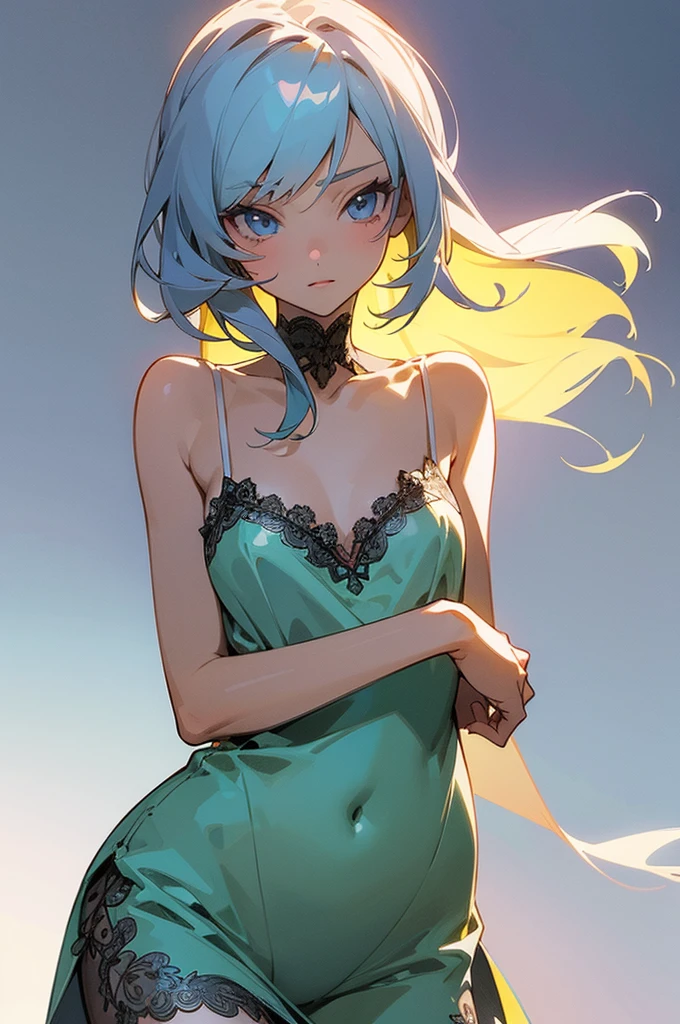 (Super detailed illustration), [Standing picture, Upper body, Close-up of girl:0.6], Slim body, Perfect body, Camisole dress, Lace, Gradient background, Anime character, (Cute girl:1.1), Sexy pose
