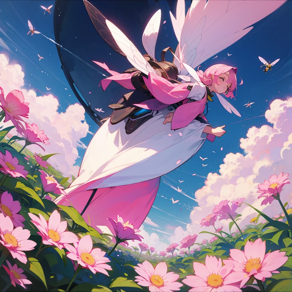 Big pink flowers with bee-like girls flying next to the flowers