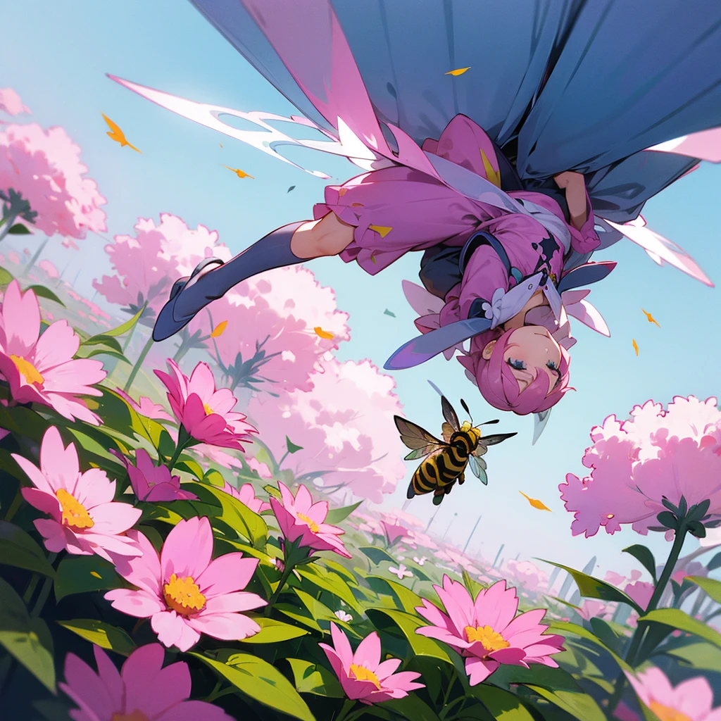 Big pink flowers with bee-like girls flying next to the flowers