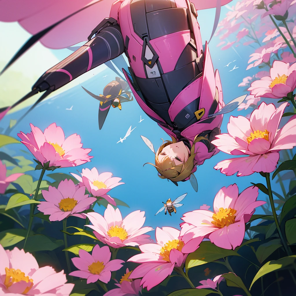 Big pink flowers with bee-like girls flying next to the flowers