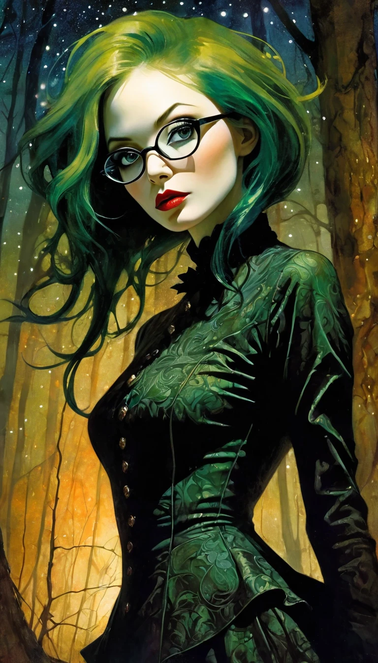 portrait, elegant picture frame, sexy monster girl, long green hair, sexy, sexsexsex,dirty green mucus suit, elegant Victorian era dress, one-eyed glasses, sinister forest background at night, with stars and nebula,(best quality, 4k, 8k, high resolution, masterpiece: 1.2), ultra-detailed, (realistic, photorealistic, photorealistic: 1.37), details intricate, vivid colors, sharp focus, professional, Dave McKean artwork, surrealism oil touch, oil painting style, portrait, woman, beautiful detailed eyes, beautiful detailed lips, dreamy atmosphere, shadow play, lighting soft, fun pose, dark tones, ethereal background, fantasy elements, texture, layered composition., art inspired by Bill Sienkiewicz and Dave McKean
