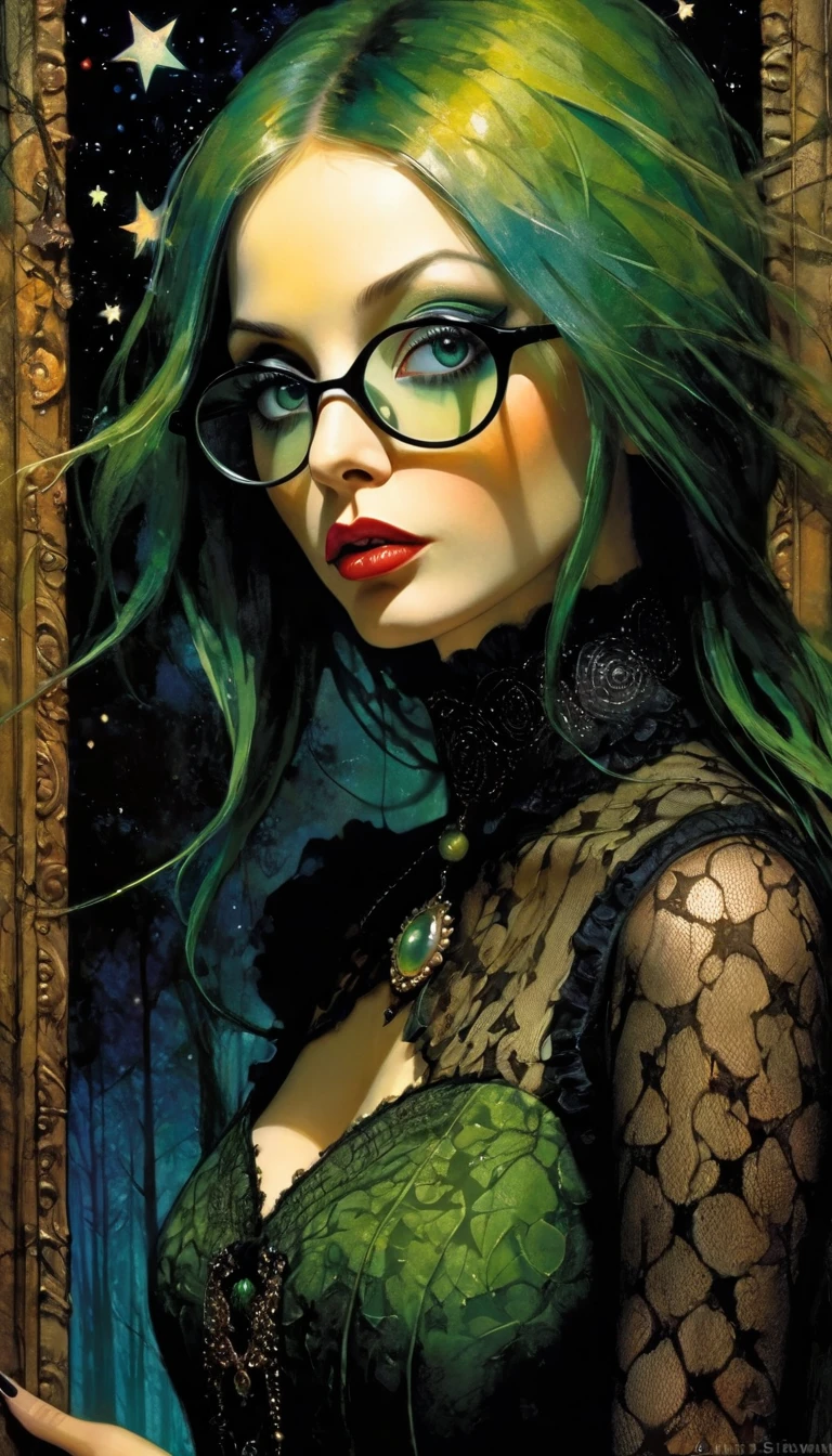 portrait, elegant picture frame, sexy monster girl, long green hair, sexy, sexsexsex,dirty green mucus suit, elegant Victorian era dress, one-eyed glasses, sinister forest background at night, with stars and nebula,(best quality, 4k, 8k, high resolution, masterpiece: 1.2), ultra-detailed, (realistic, photorealistic, photorealistic: 1.37), details intricate, vivid colors, sharp focus, professional, Dave McKean artwork, surrealism oil touch, oil painting style, portrait, woman, beautiful detailed eyes, beautiful detailed lips, dreamy atmosphere, shadow play, lighting soft, fun pose, dark tones, ethereal background, fantasy elements, texture, layered composition., art inspired by Bill Sienkiewicz and Dave McKean
