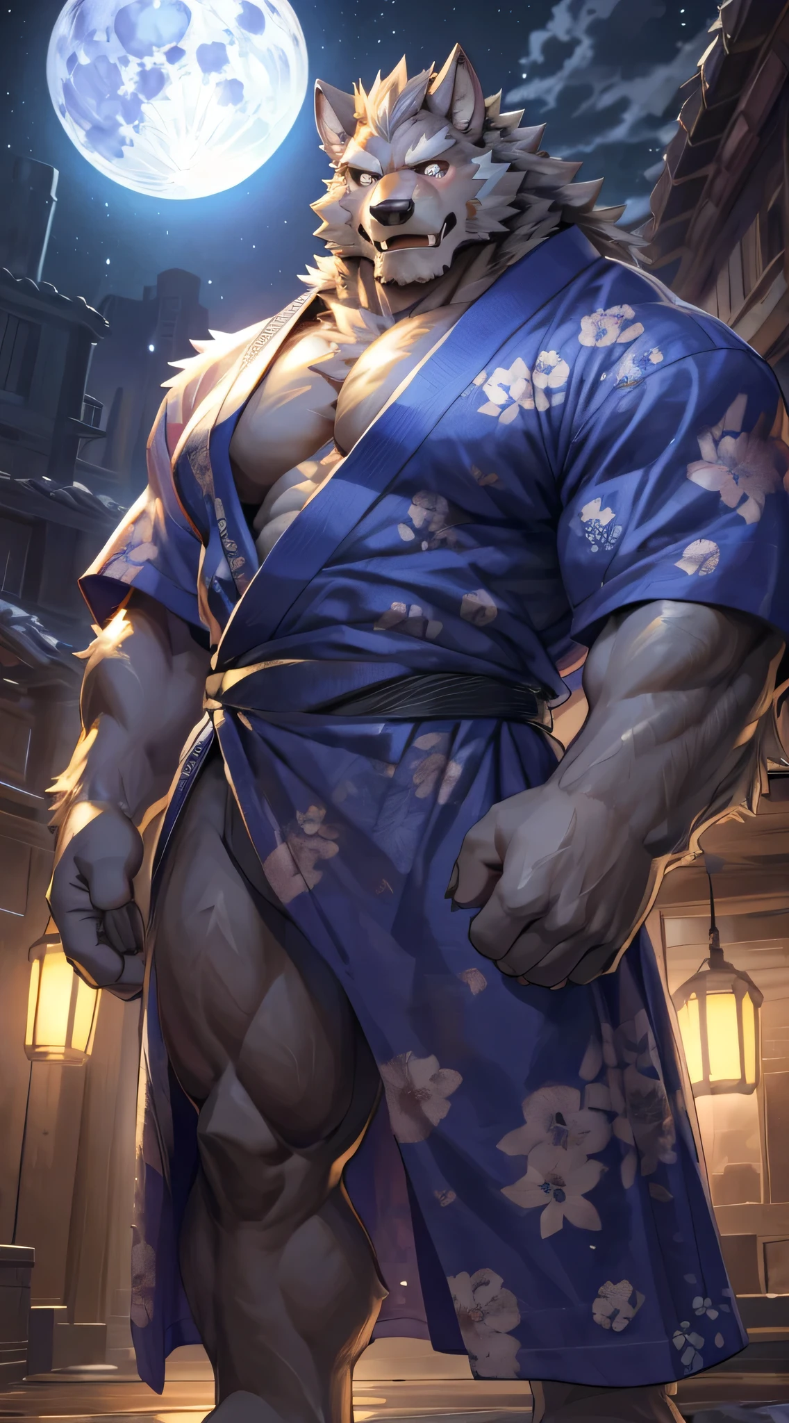 solo,masterpiece,high quality,(detailed eyes),furry male wolf,((blaidd)),huge muscular,huge body,looking at viewer,anime,looking viewer,showing muscle,((yukata)),night,moon,grow,(by null-ghost),by pino daeni