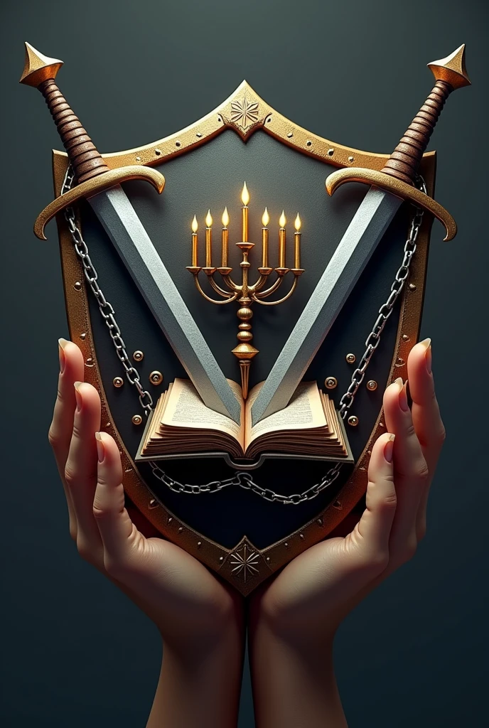 Crée moi un logo 3D hyper realiste et tres moderne en forme de bouclier avec deux épées qui se croisent dont les manches et les bouts sont visibles. Sur le bouclier est dessiné un chandelier à 7 branches sur une bible et le bouclier sur des mains dont la chaîne a ete brisée. Sur le bouclier est écrit TS
