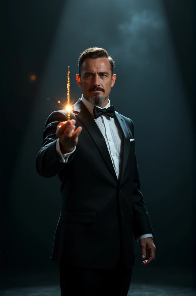 Realistic photo of a magician with a magic wand in his hand ready to do magic on a stage, face facing the observer 