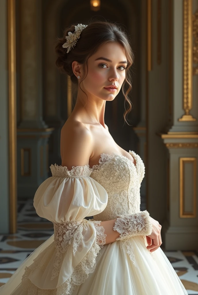 European woman model wearing delicate lace baroque wedding dress