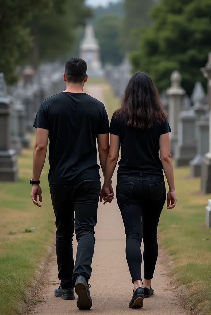 My sister and I dressed in black with pants and t-shirts, Leaving Memorial Park Cemetery in Santa Cruz de la Sierra