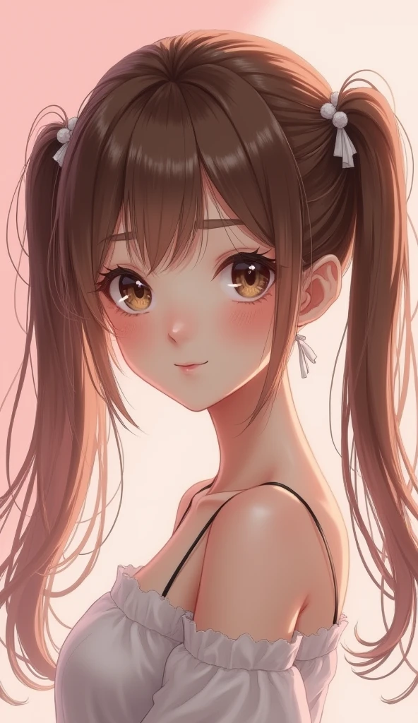 (masterpiece, 1girl, twin tails, brown hair, big eyes, shy smile, (pink background), upper body)
