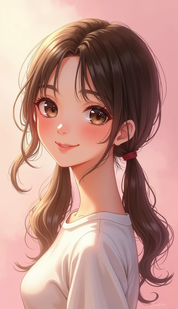 (masterpiece, 1girl, twin tails, brown hair, big eyes, shy smile, (pink background), upper body)
