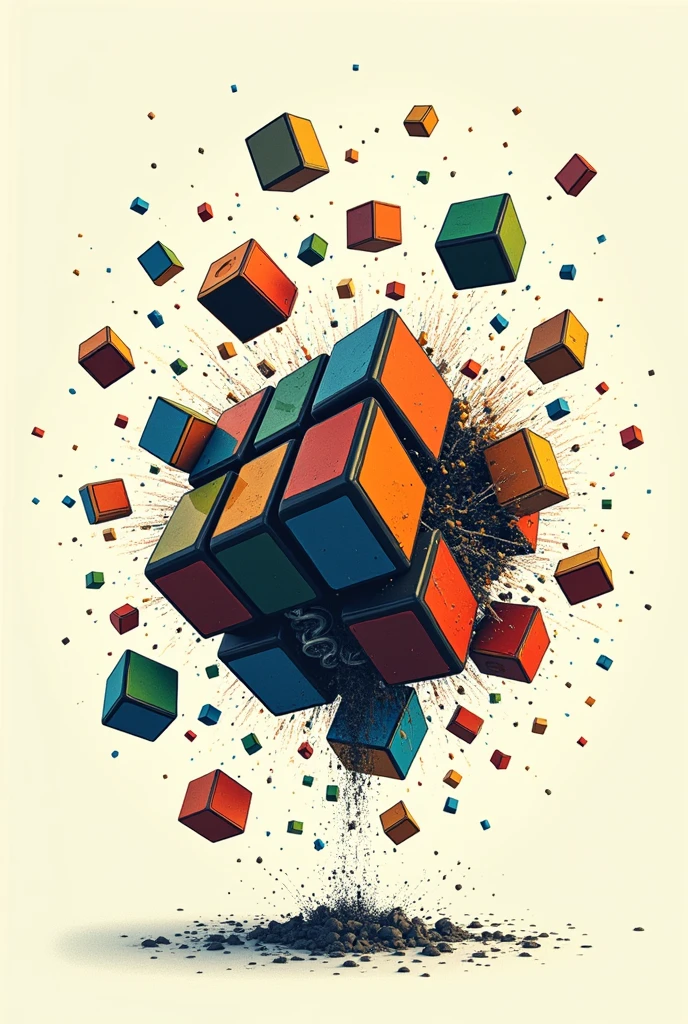 Rubik's cube 3x3 exploded and completely disassembled , with the pieces flying , in new school drawing