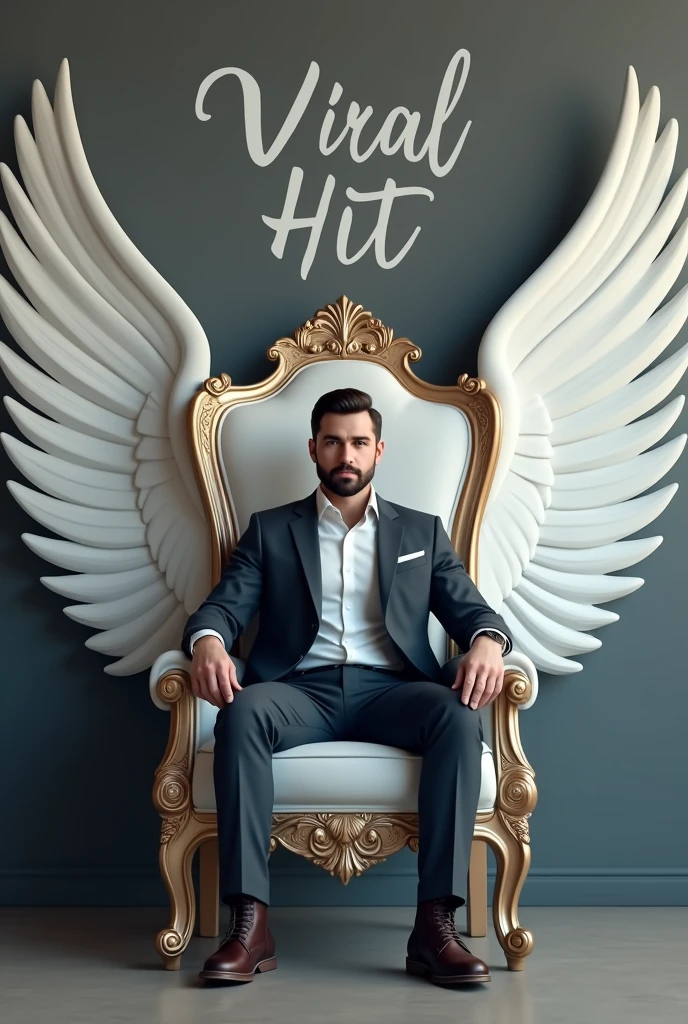 Create realistic image a 1 man is sitting queen chair with white wings and behim him the colour of the wall is gray on which Viral Hit written in curve style