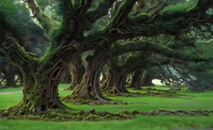 a close-up shot of a row of moss-covered trees, ancient twisted gnarled trees, breathtaking beautiful trees, stunning lush fores...