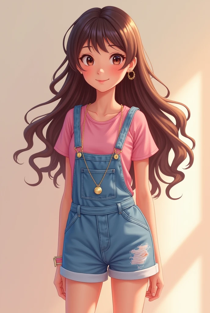 A  white girl in denim overalls, pink shirt, white sneakers and a shiny pendant, brown hair with bangs

