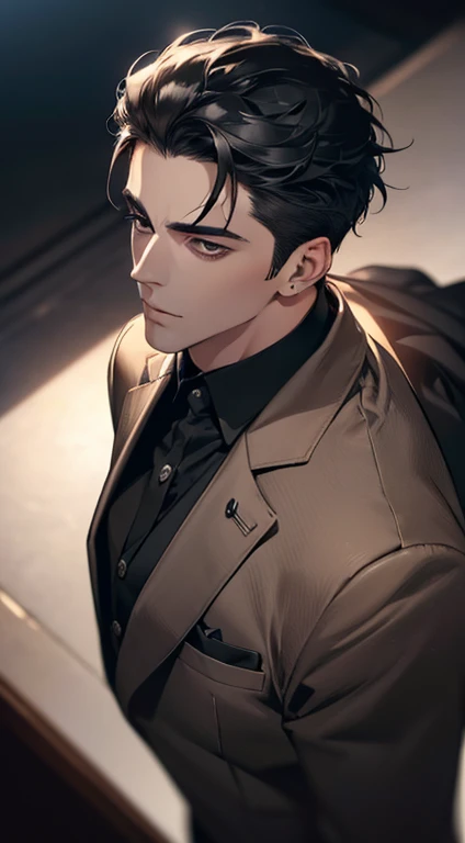 (best quality, masterpiece, 8K, photorealistic, cinematic lighting, 1:4 hdr image, top view, ultra detailed, beautiful image), a mature man, very handsome, short black hair, black eyes, perfect face without errors , ((buttoning his jacket, CEO))