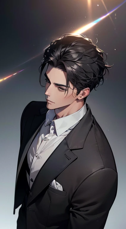 (best quality, masterpiece, 8K, photorealistic, cinematic lighting, 1:4 hdr image, top view, ultra detailed, beautiful image), a mature man, very handsome, short black hair, black eyes, perfect face without errors , ((buttoning his jacket, CEO))