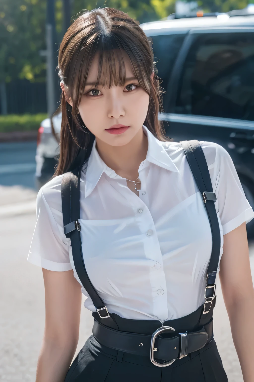 a woman in a suit, belt, hands behind back, sweating, suspenders, black pants, sexly, large breasts, see-through clothing, rain, detective, office worker, white button-up shirt, (best quality,4K,8k,highres,masterpiece:1.2),ultra-detailed,(realistic,photorealistic,photo-realistic:1.37),hyper-detailed,highly detailed face and body, Slender　thin　suspenders　Moderate breasts　See-through shirt　Nipples　holster　chain　Pistol　Armament　criminal　Female criminal　knife