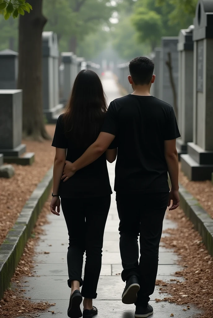 My sister and I dressed in black with pants and t-shirts, Leaving Memorial Park Cemetery in Santa Cruz de la Sierra 