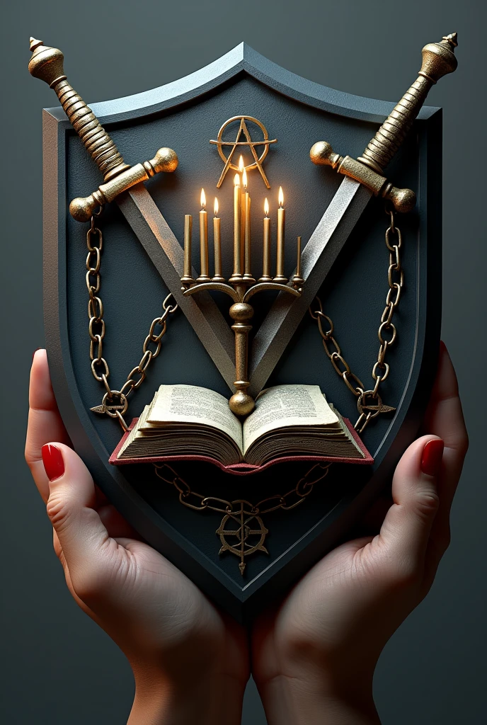Crée moi un logo 3D hyper realiste et tres moderne en forme de bouclier avec deux épées qui se croisent dont les manches et les bouts sont visibles. Sur le bouclier est dessiné un chandelier à 7 branches sur une bible et le bouclier sur des mains dont la chaîne a ete brisée. Sur le bouclier est écrit TS