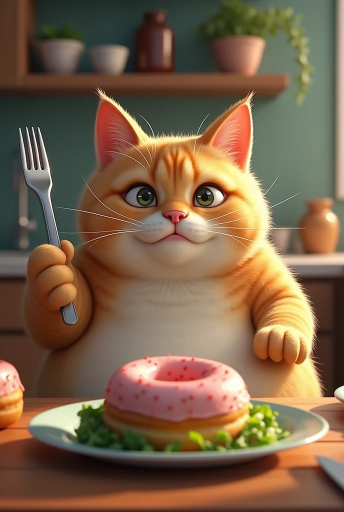 Healthy Eating - The Temptation:
Scene: The chubby cat-human is sitting at a kitchen table, looking longingly at a plate of donuts or cake, while holding a salad fork in one paw. Their other paw is resting on a plate of salad, but their eyes are fixed on the unhealthy treat. The background shows a kitchen with various healthy food items around, but the character is clearly tempted by the sweets. The image should capture the internal struggle between making healthy choices and giving in to cravings.
