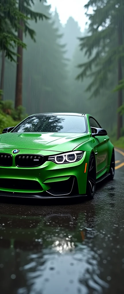 Bmw M4 competition green colour on forest road with rain 