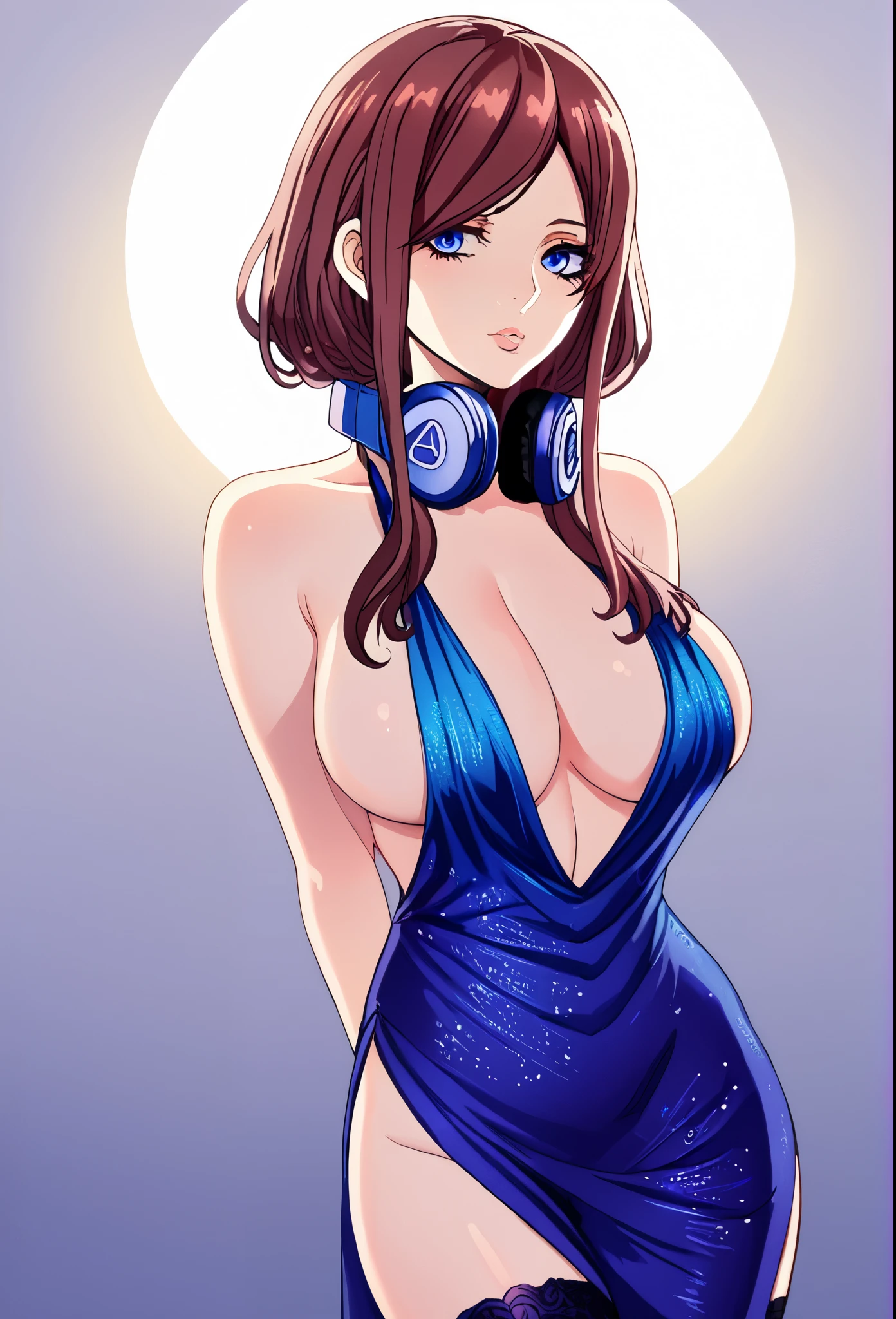 1girl, elegant erotic beautiful girl, big breasts, ((brown hair)), maxi dress, adultery, indecent, vulgar, Nakano Miku, intricate details, delicate facial features, beautiful blue eyes, ulzzang, long eyelashes, small nose, full lips, porcelain skin, natural lighting, warm color palette, chiaroscuro lighting, dramatic shadows, sensual, alluring, mature themes, artistic, dreamlike, ethereal, ((arms behind back)), sideboob, cleavage, looking at viewer, ulzzang, (blue eyes), headphones, thigh highs