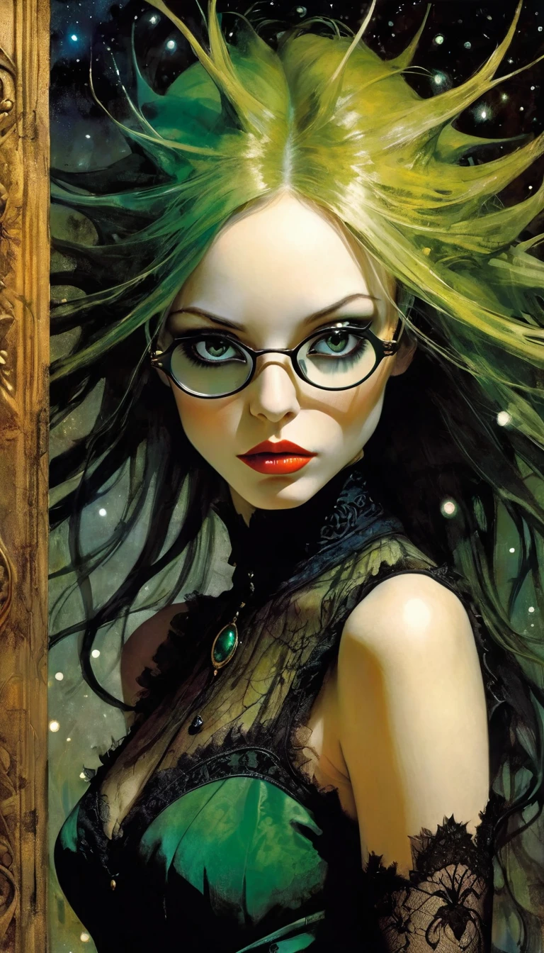 portrait, elegant picture frame, sexy monster girl, long green hair, sexy, sexsexsex,dirty green mucus suit, elegant Victorian era dress, one-eyed glasses, magic, fantasy,sinister forest background at night, with stars and nebula,(best quality, 4k, 8k, high resolution, masterpiece: 1.2), ultra-detailed, (realistic, photorealistic, photorealistic: 1.37), details intricate, vivid colors, sharp focus, professional, Dave McKean artwork, surrealism oil touch, oil painting style, portrait, woman, beautiful detailed eyes, beautiful detailed lips, dreamy atmosphere, shadow play, lighting soft, fun pose, dark tones, ethereal background, fantasy elements, texture, layered composition., art inspired by Bill Sienkiewicz and Dave McKean