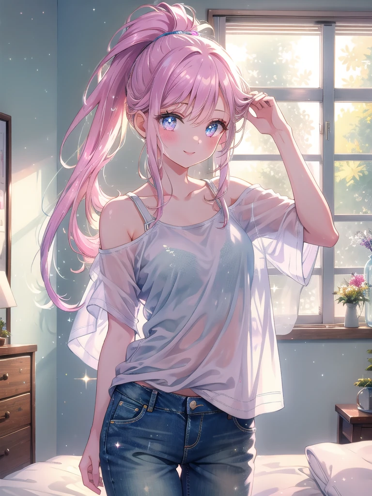 ((Pastel_colors Tank top, skirt)), skindentation, skinny, solo, 1 woman, Masterpiece, highest quality, highest quality, 16K, incredibly absurd, highly detailed, 2.5D, ai-generated, delicate and dynamic, very delicate facial expressions, delicate eye depiction, erotic, only sexy woman, ((A cute and kind face)), healthy figure, 25-year-old woman, 160cm tall, medium firm swaying bust, blush, Sweat,Embarrassed,sexy, ((thin thighs)), (Erect nipples:0.7), ((shiny and lustrous)), facing straight at viewer, ((Oily_skin)), dutch angle, ((sexy pose)), Dynamic poses,