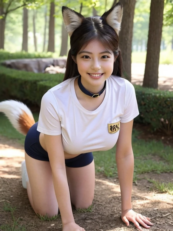 ((Highest quality, 8k)), ((masterpiece)), (Highest Resolution), Perfect Face, Fox Woman, Female college student, Beautiful woman, Outdoor, Only one tail, she has thick thighs, Her large tail, Her brown fox tail, She wags her tail, smile, Collar on Leash, She is wearing bloomers as part of her gym uniform., Plump Breasts, Beautiful Hips , Her fox tail sticks out from her bloomers, On all fours
