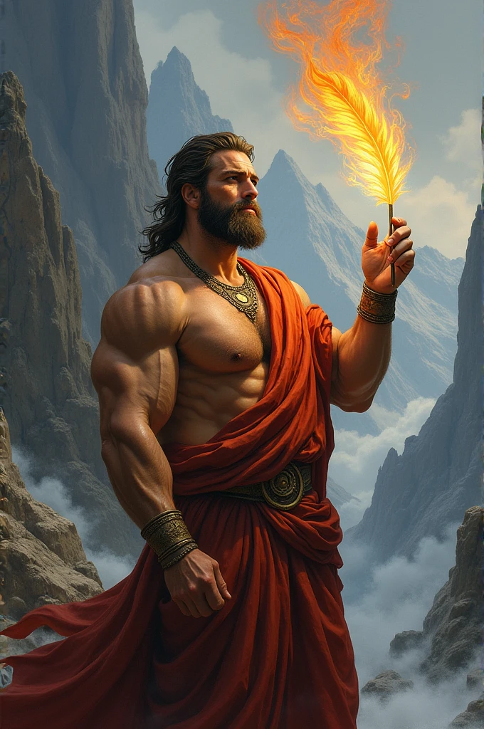 Prometheus writing with a flaming feather trying to help his people