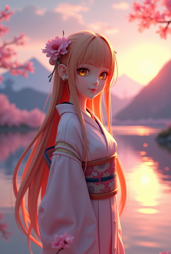 Asuna, masterpiece, Highest quality, detailed, (One person), alone, detailed golden eyes, Long Hair, Are standing, Close to the audience, (detailed kimono), A light smile, Medium chest, (Put your arms behind your back), water, sunset, (hair ornaments), (Cherry blossoms bloom), Lake with snowy mountains in the background,Cute young delicate 3D PVC model, View your viewers, Soft and smooth lighting, Soft pastel colors, 3D icon clay rendering, 120mm lens, 3D Blender Rendering, Trend with poly count, モジュラーCute young delicate 3D PVC model, View your viewers, Soft and smooth lighting, Soft pastel colors, 3D icon clay rendering, 120mm lens, 3D Blender Rendering, Trend with poly count, Modular constructivism 5D vector: 【a: 0.3, c: 0.7, It is: 0.8, I: 0.6, M: 0.9】trick-art Multi-layer structure abstract