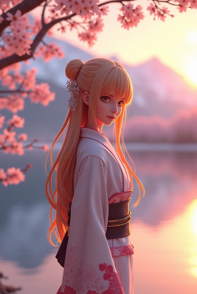 Asuna, masterpiece, Highest quality, detailed, (One person), alone, detailed golden eyes, Long Hair, Are standing, Close to the audience, (detailed kimono), A light smile, Medium chest, (Put your arms behind your back), water, sunset, (hair ornaments), (Cherry blossoms bloom), Lake with snowy mountains in the background,Cute young delicate 3D PVC model, View your viewers, Soft and smooth lighting, Soft pastel colors, 3D icon clay rendering, 120mm lens, 3D Blender Rendering, Trend with poly count, モジュラーCute young delicate 3D PVC model, View your viewers, Soft and smooth lighting, Soft pastel colors, 3D icon clay rendering, 120mm lens, 3D Blender Rendering, Trend with poly count, Modular constructivism 5D vector: 【a: 0.3, c: 0.7, It is: 0.8, I: 0.6, M: 0.9】trick-art Multi-layer structure abstract