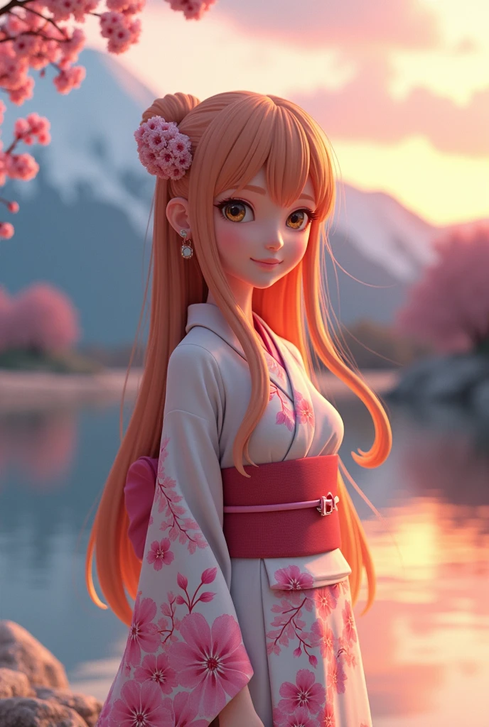 Asuna, masterpiece, Highest quality, detailed, (One person), alone, detailed golden eyes, Long Hair, Are standing, Close to the audience, (detailed kimono), A light smile, Medium chest, (Put your arms behind your back), water, sunset, (hair ornaments), (Cherry blossoms bloom), Lake with snowy mountains in the background,Cute young delicate 3D PVC model, View your viewers, Soft and smooth lighting, Soft pastel colors, 3D icon clay rendering, 120mm lens, 3D Blender Rendering, Trend with poly count, モジュラーCute young delicate 3D PVC model, View your viewers, Soft and smooth lighting, Soft pastel colors, 3D icon clay rendering, 120mm lens, 3D Blender Rendering, Trend with poly count, Modular constructivism 5D vector: 【a: 0.3, c: 0.7, It is: 0.8, I: 0.6, M: 0.9】trick-art Multi-layer structure abstract