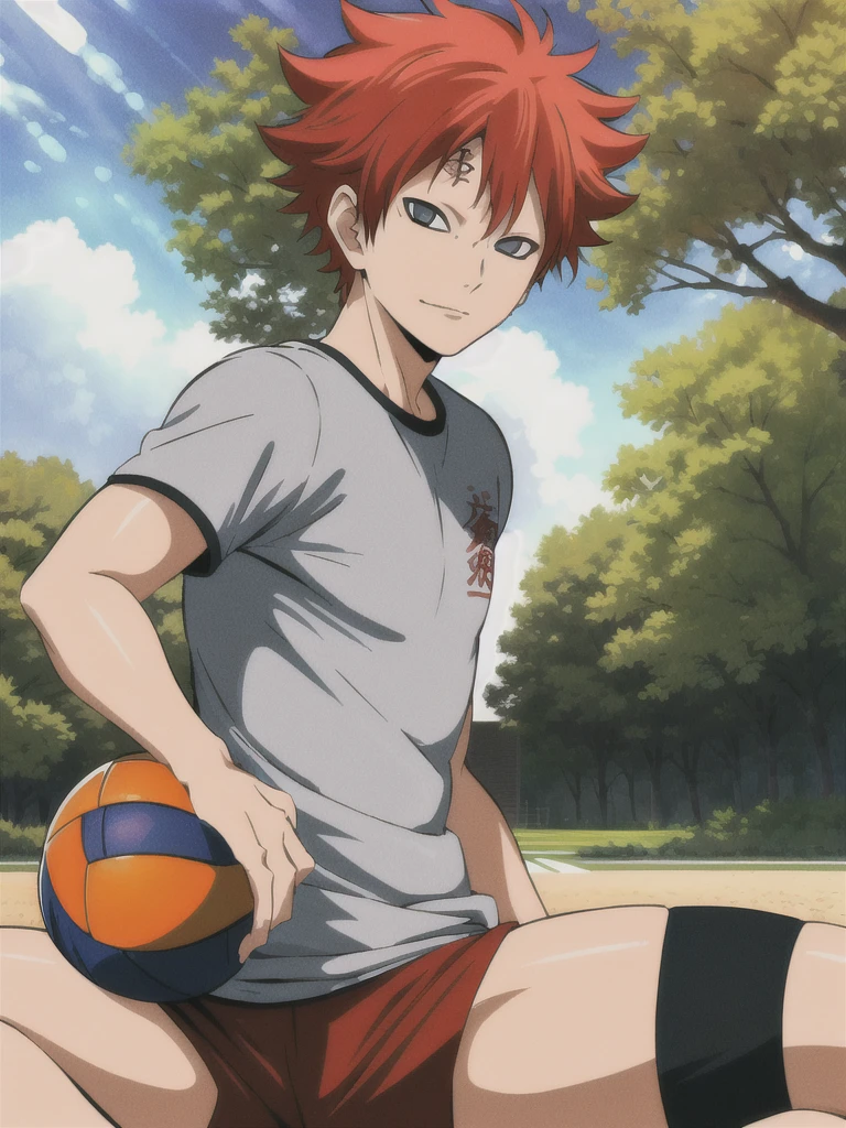 high res, masterpiece, Sabaku no Gaara , red hair hair, solo, 1boy, male, volleyball court, outside,blue sky, woods, , detailed eyes,