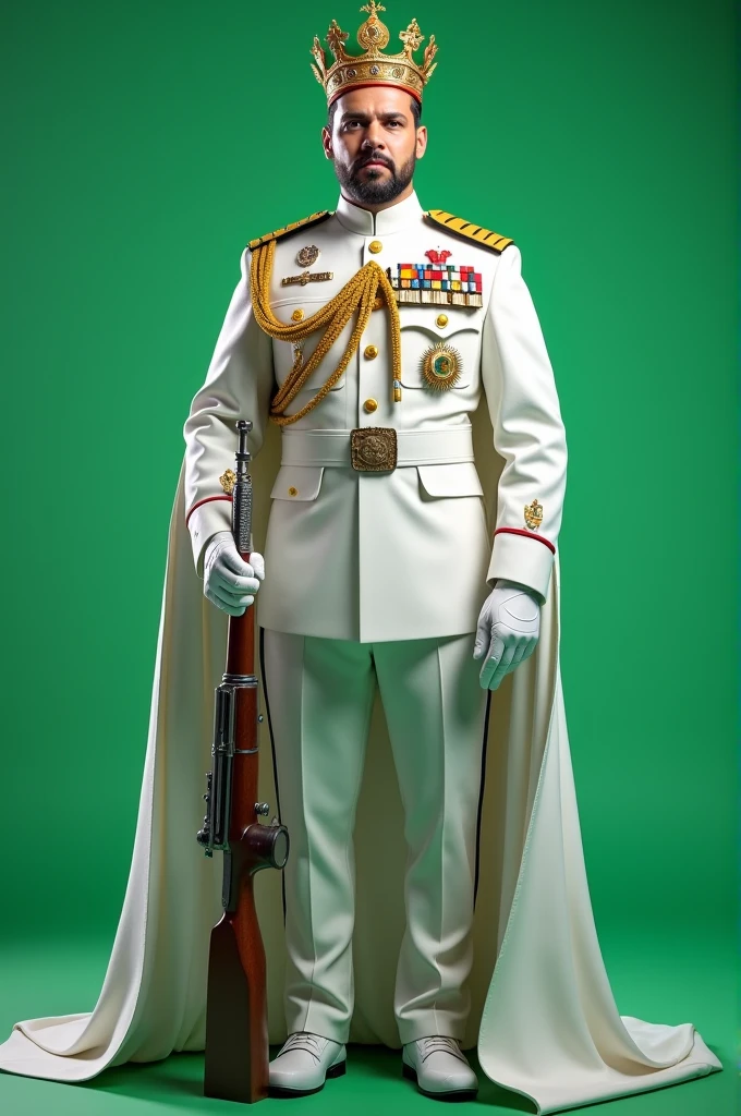 Military governor general standing, Male, King's crown on head , white uniform, With a big gun in hand ,  plain green screen background 