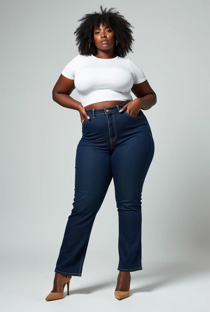 image captured with a Sony α7 III camera, full body shot, an narrow waist, wide hips, and a full bust. The proportions are highly stylized, with a sharp contrast between the tiny waist and the expansive curves of the hips and chest, young Black woman early 20's, straight cut  jeans in dark Blue color, fitted waist tee in white color, standing, light brown high heels, light gray background.