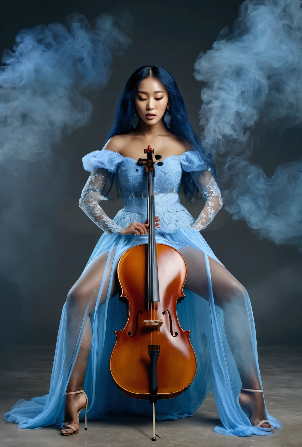 hands of a mixed race Korean-Nigerian cellist, holding a bow, wearing a pale blue dress with lace arms