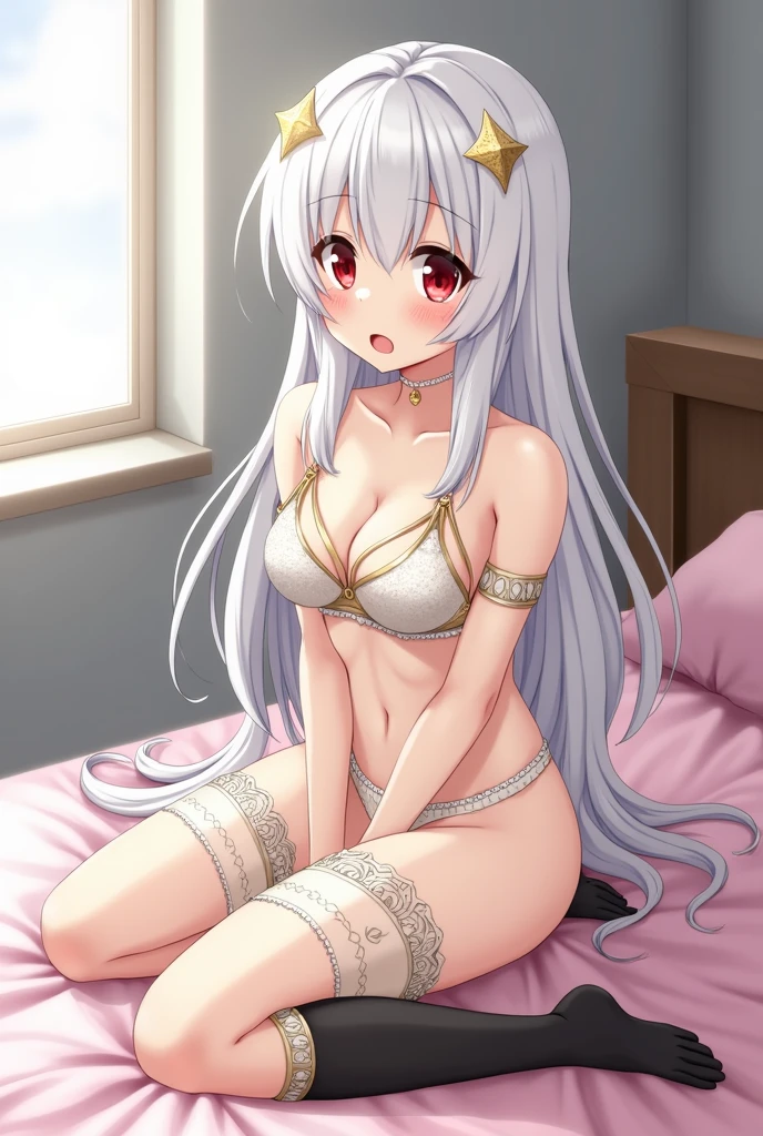 an anime girl, white skin with straight white hair down to the waist, with red eyes, small chest, in lingerie, The bra is made up of a white color with gold trim including the bra straps and detailed design on the white part ,Copa B, the panties made of a light pink color, with cuffs on the top and details on the pink part, black thigh high stockings , embarrassed and blushing, sitting on her bed with pink sheets ,the grey back wall and a window .
