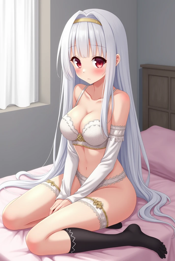 an anime girl, white skin with straight white hair down to the waist, with red eyes, small chest, in lingerie, The bra is made up of a white color with gold trim including the bra straps and detailed design on the white part ,Copa B, the panties made of a light pink color, with cuffs on the top and details on the pink part, black thigh high stockings , embarrassed and blushing, sitting on her bed with pink sheets ,the grey back wall and a window .