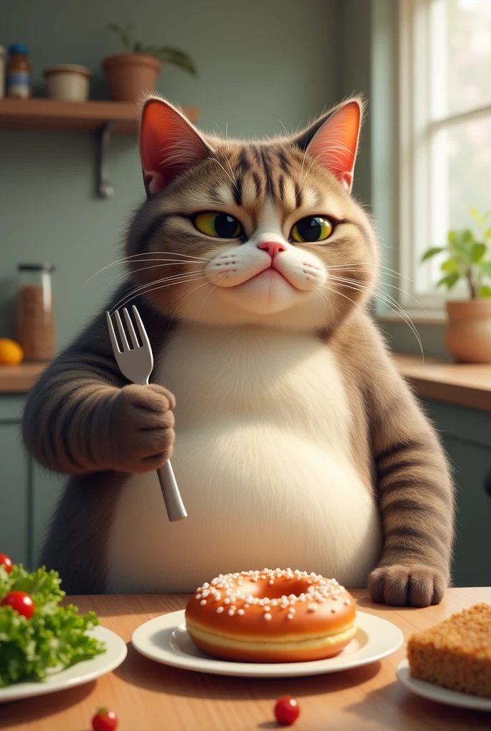 Healthy Eating - The Temptation:

Scene: The chubby cat-human is sitting at a kitchen table, looking longingly at a plate of donuts or cake, while holding a salad fork in one paw. Their other paw is resting on a plate of salad, but their eyes are fixed on the unhealthy treat. The background shows a kitchen with various healthy food items around, but the character is clearly tempted by the sweets. The image should capture the internal struggle between making healthy choices and giving in to cravings.